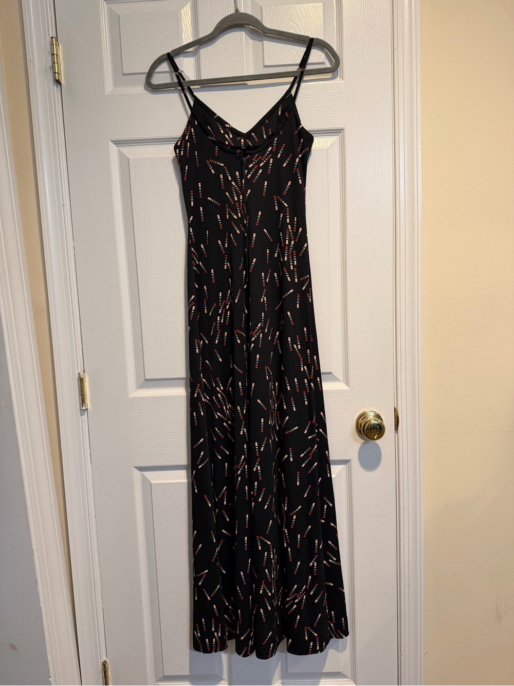 VTG Black Spaghetti-Strap Maxi Dress with Red & White Print